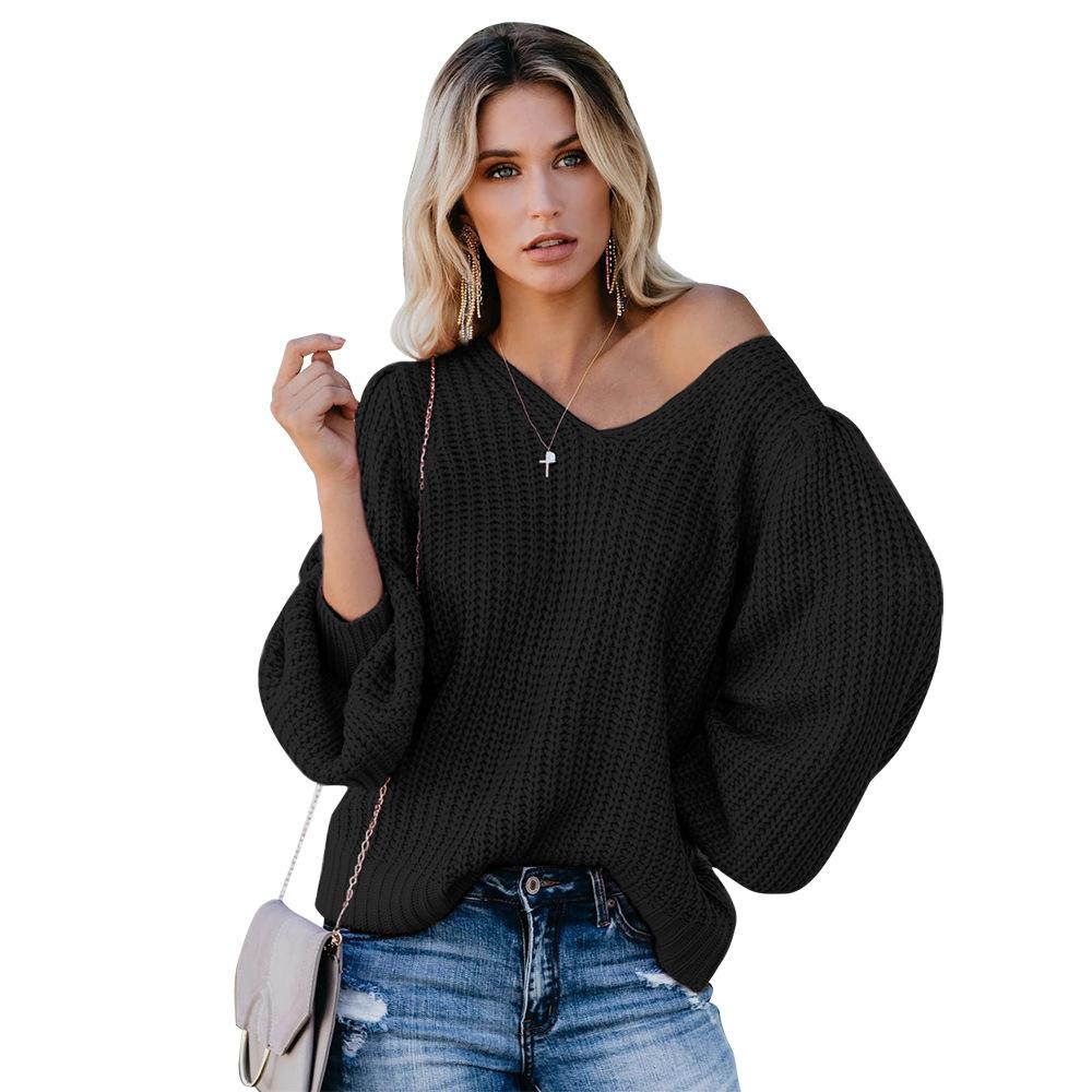Women's V-neck loose lantern sleeve sweater