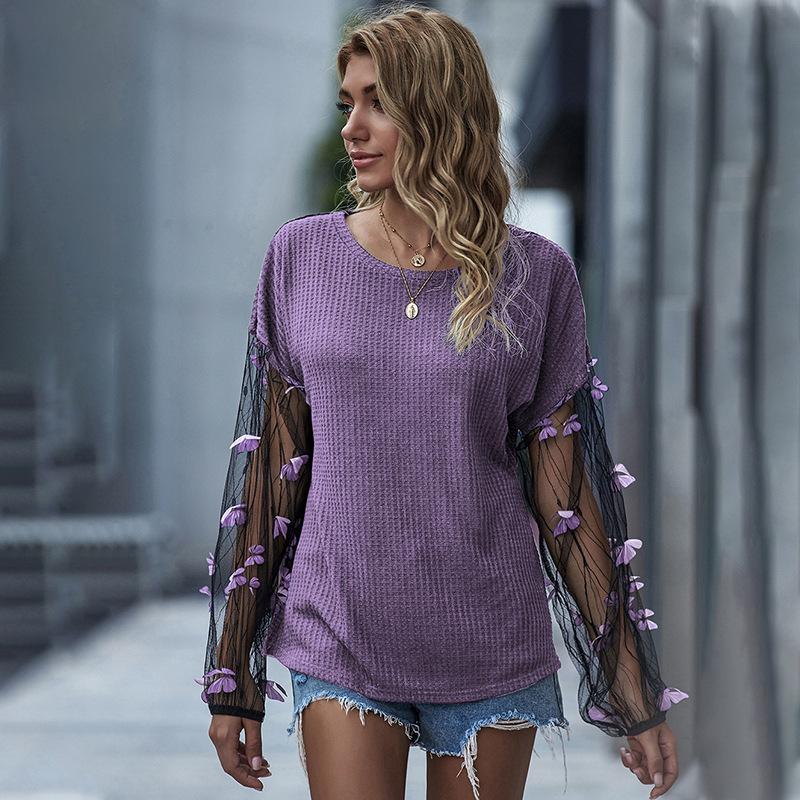 Net yarn lantern sleeve loose knit top