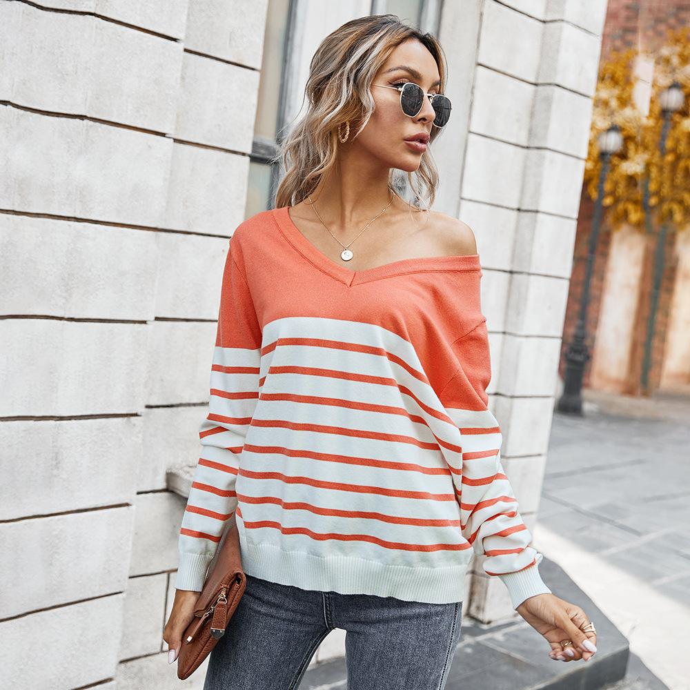 V-neck striped color block sweater