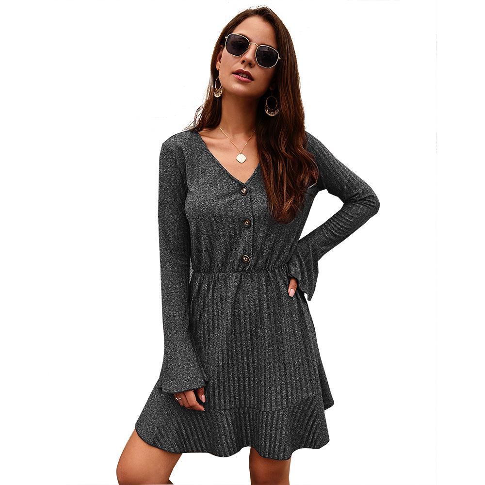 Solid color flared sleeve waist dress