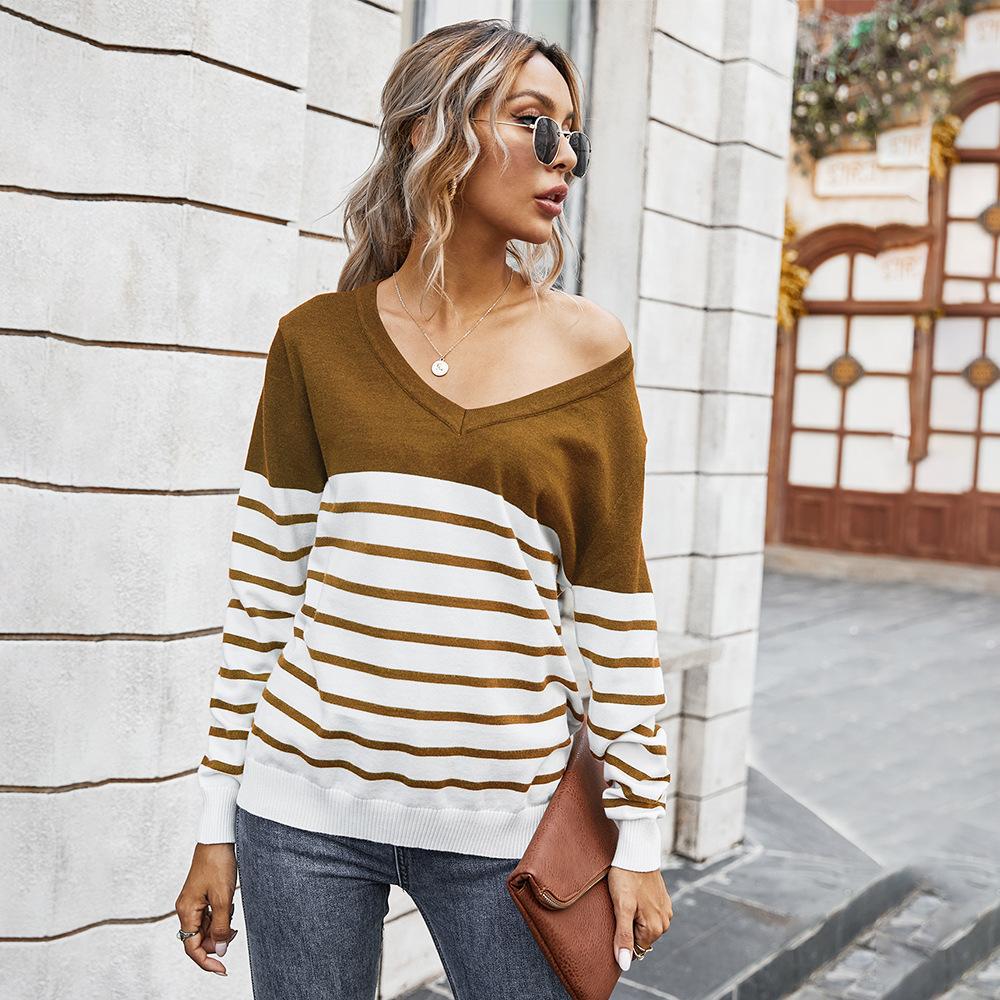 V-neck striped color block sweater