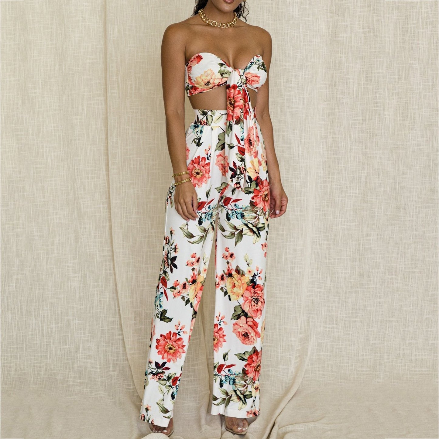 Sexy printed tube top and trousers two-piece set