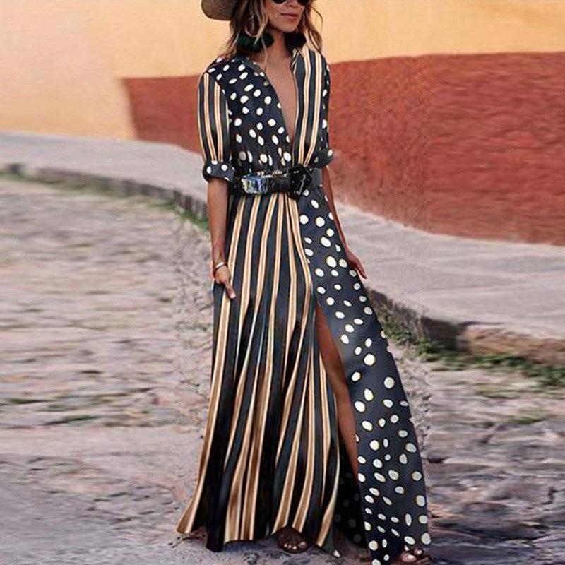 Sexy striped polka dot color block sleeve dress