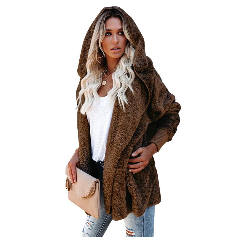 Loose hooded long-sleeved plush jacket women