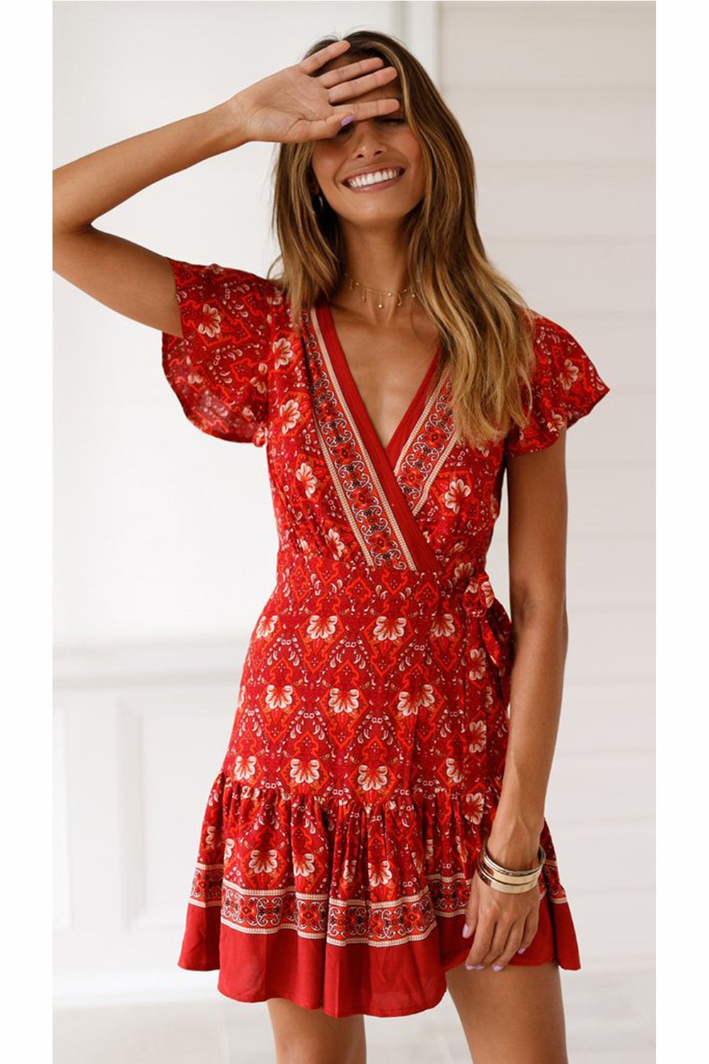 Short-sleeved V-neck pleated print dress