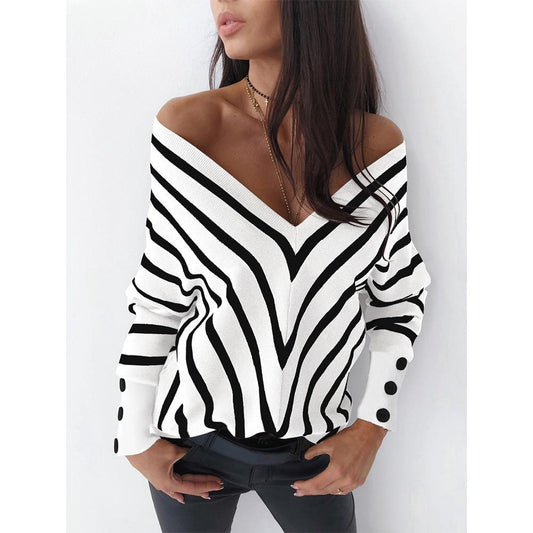 Off-the-shoulder striped V-neck knitted top