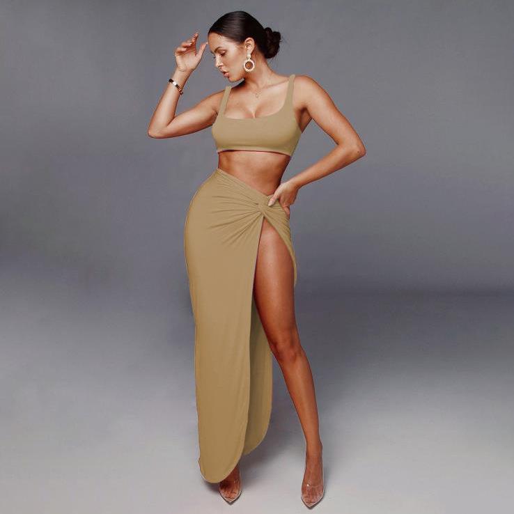 Solid color high split two-piece set dress