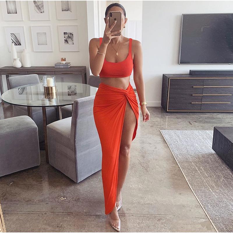 Solid color high split two-piece set dress