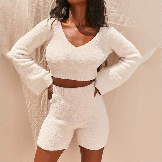 Plush V-neck flared sleeve sweater shorts set