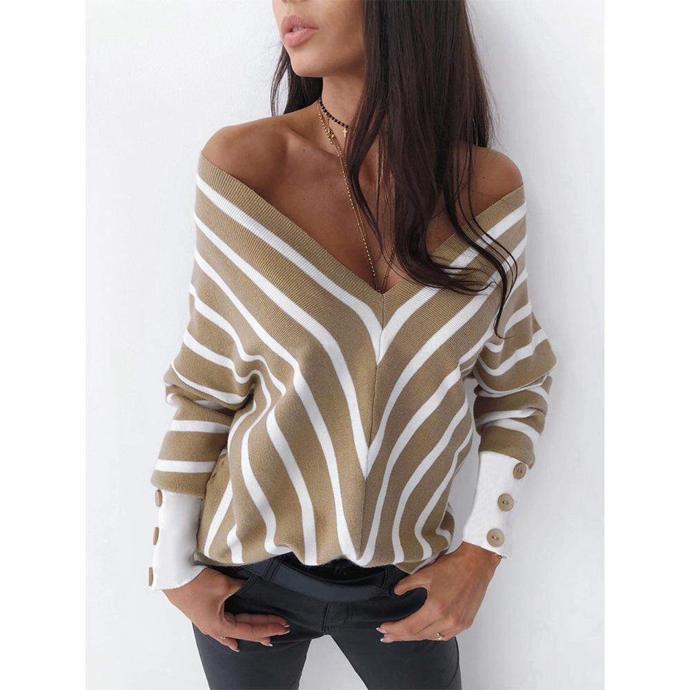 Off-the-shoulder striped V-neck knitted top