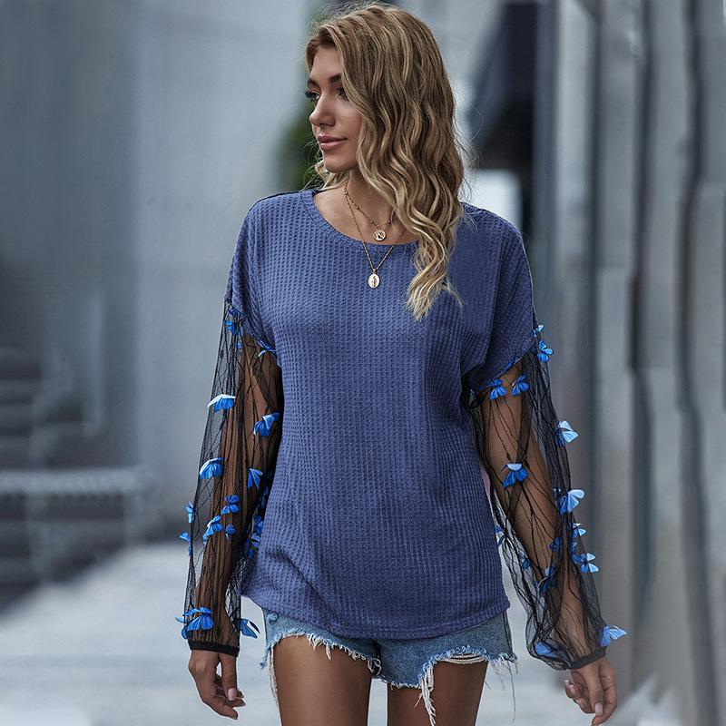 Net yarn lantern sleeve loose knit top