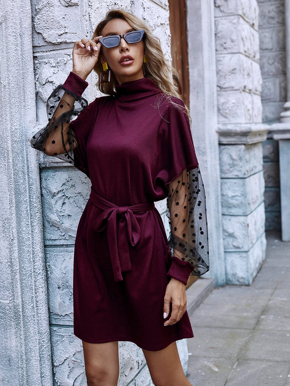 Polka dot mesh solid color stitching dress