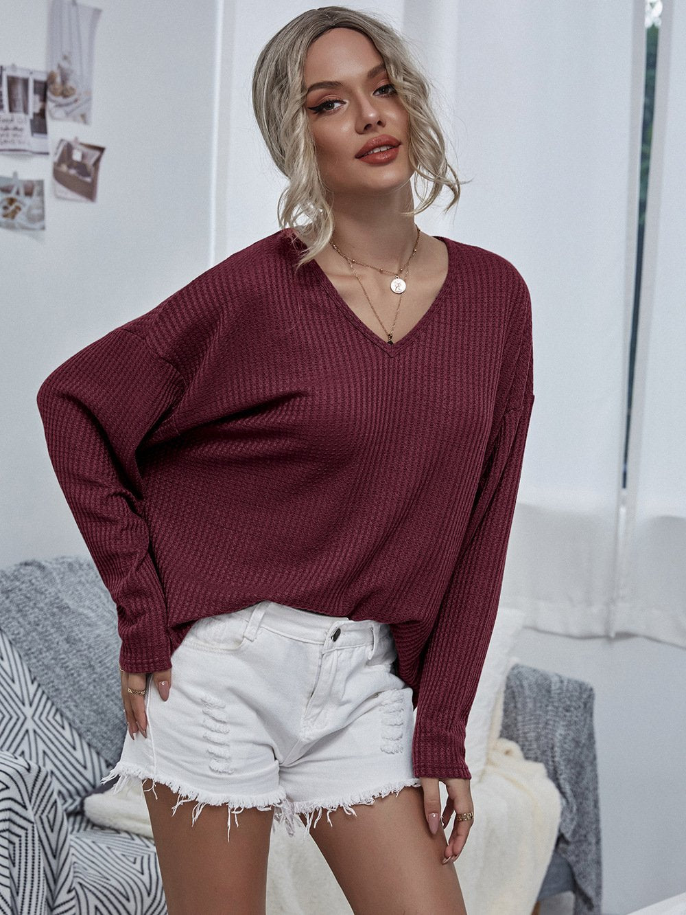 V-neck mesh casual knit top