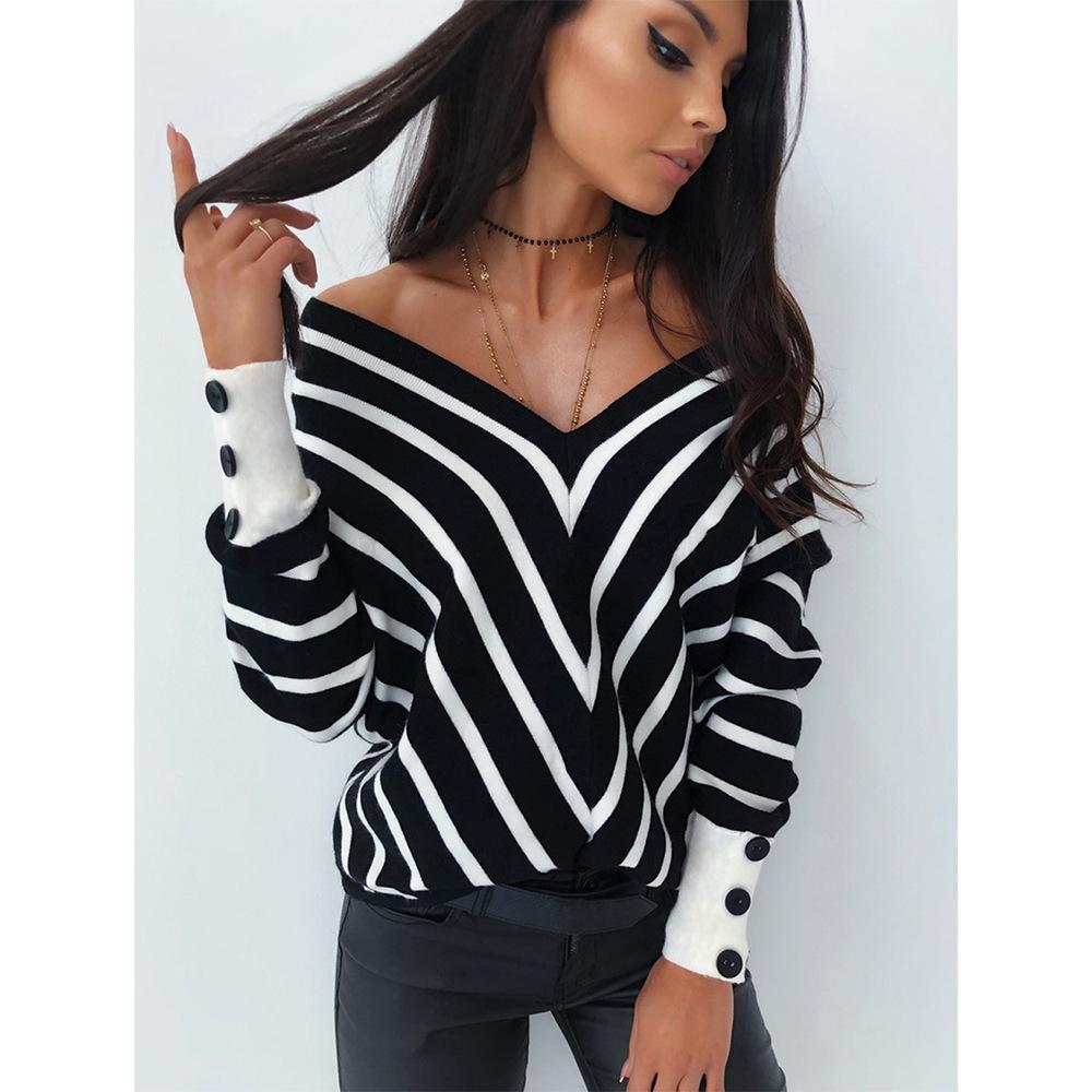 Off-the-shoulder striped V-neck knitted top