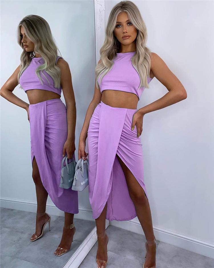 Two-piece solid color short top pleated split dress