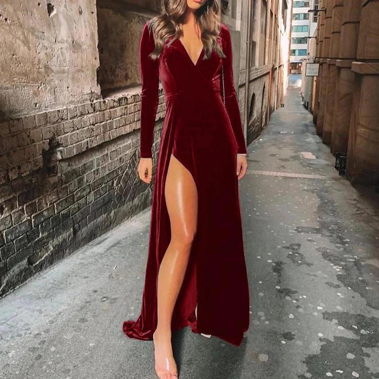 Velvet solid color long sleeve evening dress