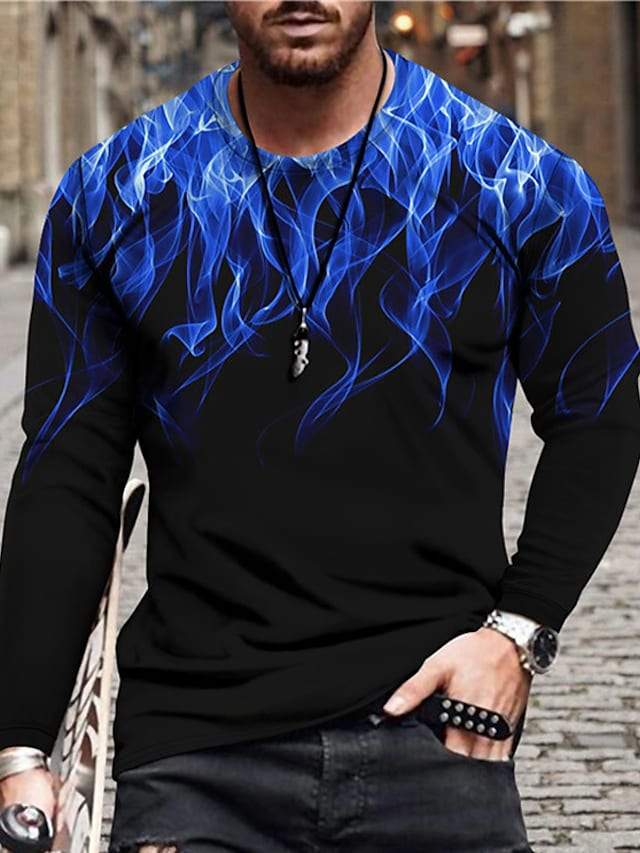 Men's Unisex Tee T shirt Shirt 3D Print Graphic Prints Flame Print Long Sleeve Daily Tops Casual Designer Big and Tall Blue Yellow