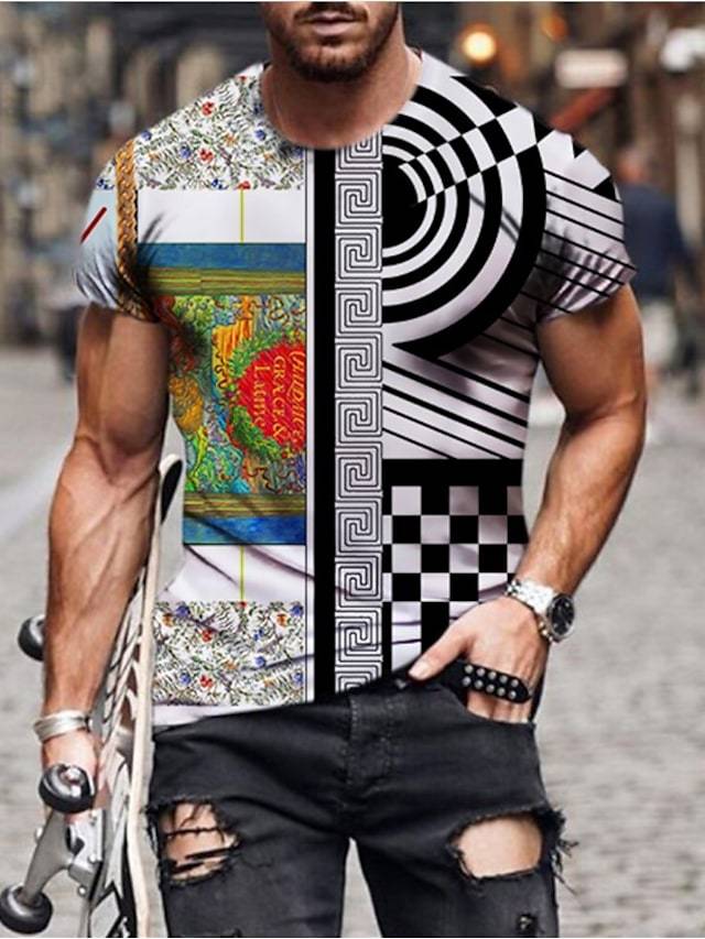 Men's Tee T shirt Shirt 3D Print Patchwork Graphic Spiral Stripe Plus Size Short Sleeve Casual Tops Basic Designer Slim Fit Big and Tall A B C