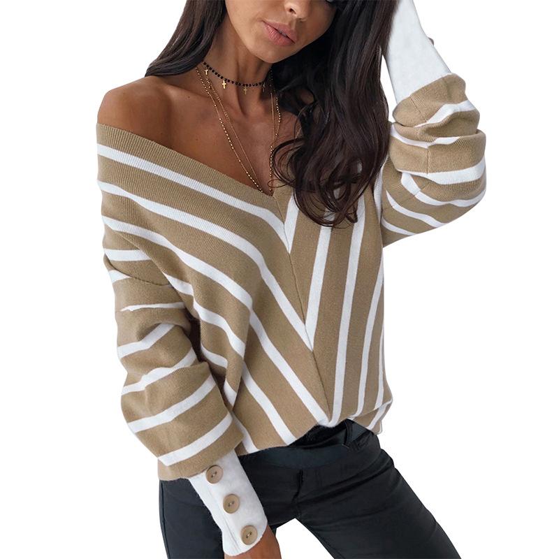 Off-the-shoulder striped V-neck knitted top