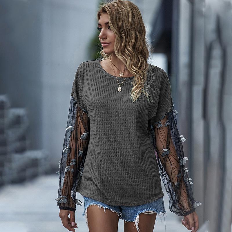 Net yarn lantern sleeve loose knit top