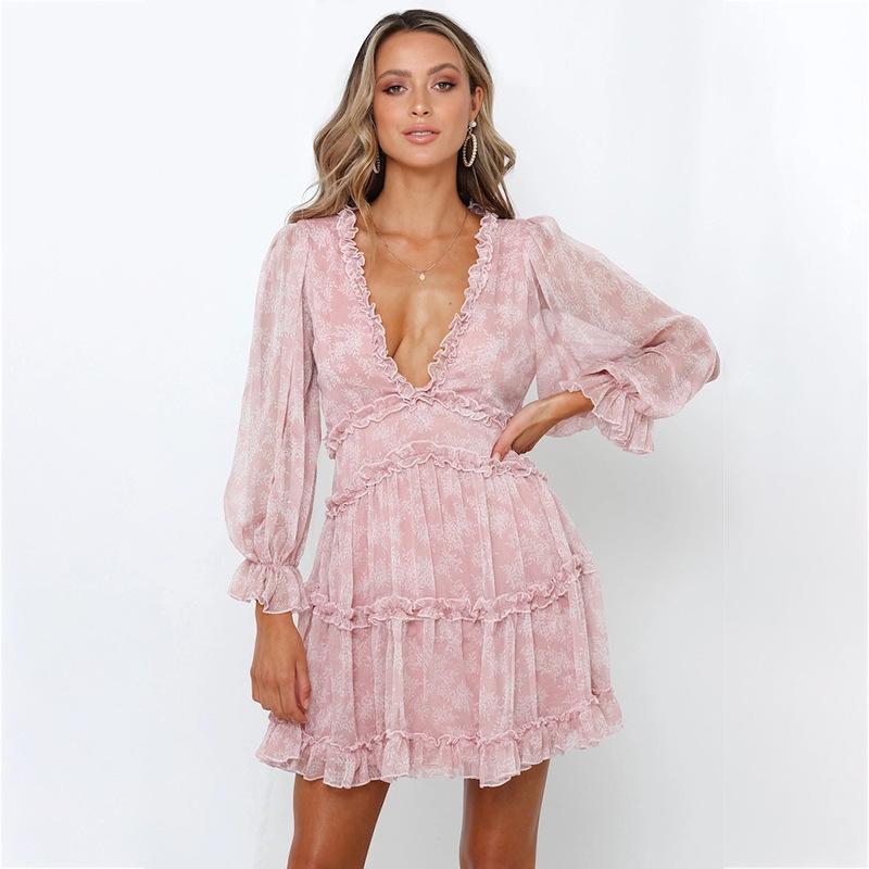 Ruffled V-neck Floral Lantern Sleeve Cake Dress