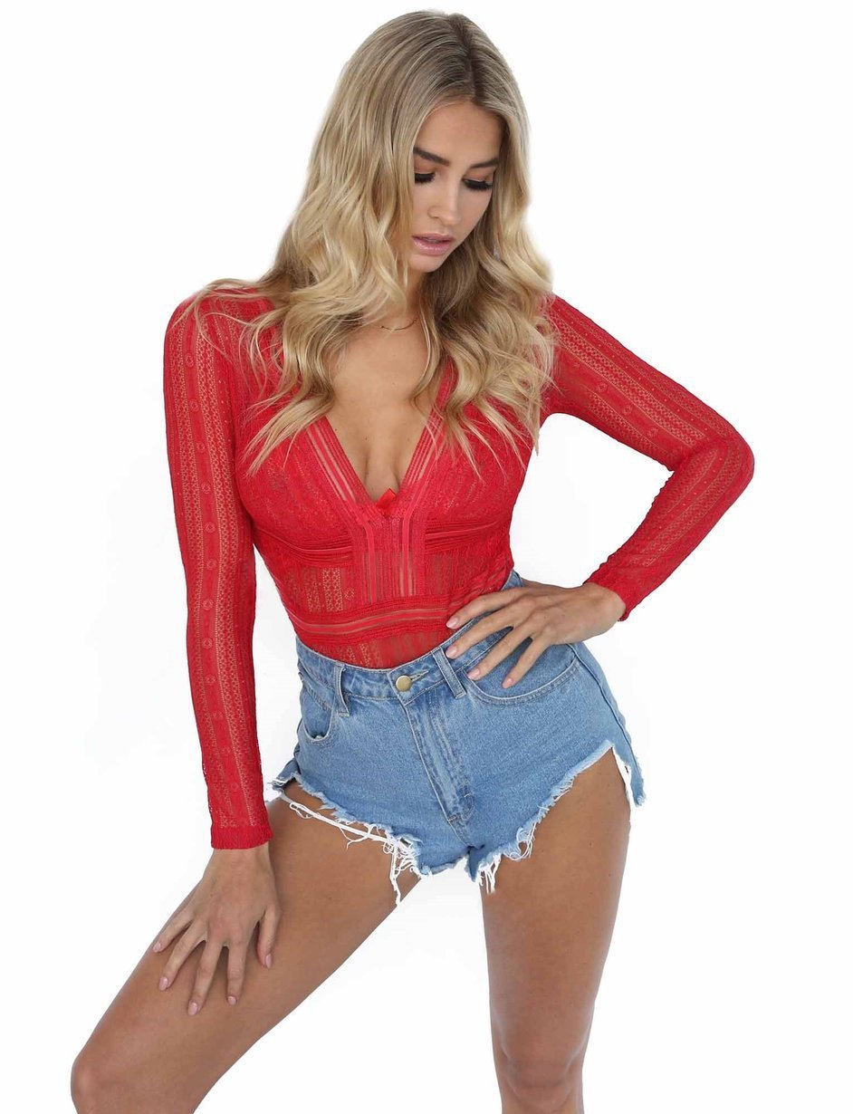 Solid color sexy lace bodysuit