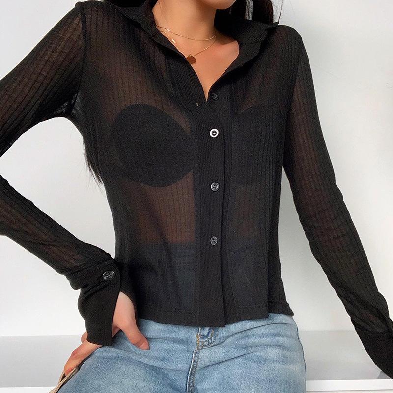 Sexy see-through breasted long-sleeved top