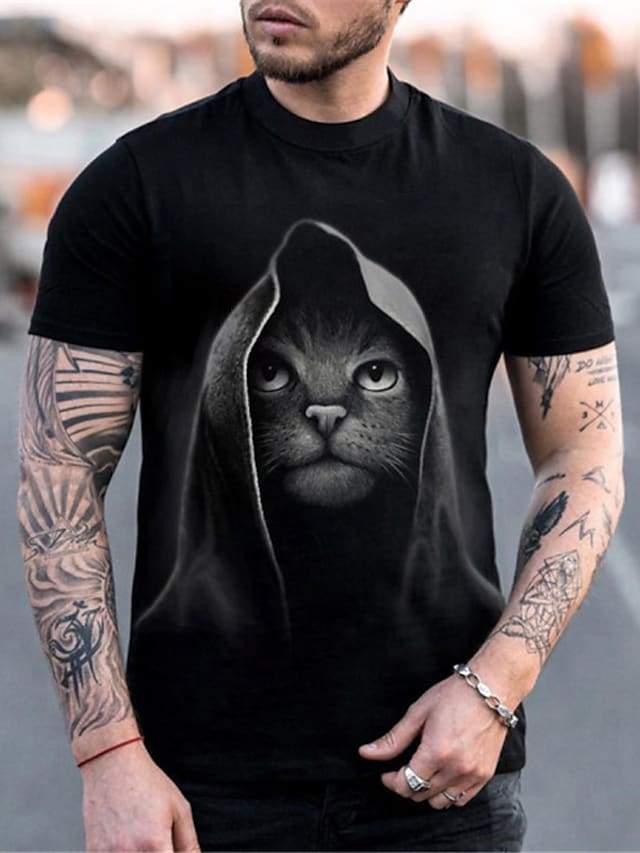 Men's Tee T shirt Shirt 3D Print Cat Graphic Plus Size Short Sleeve Casual Tops Basic Designer Slim Fit Big and Tall Black