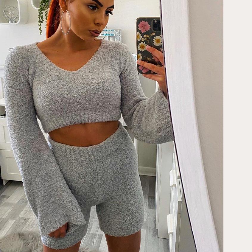 Plush V-neck flared sleeve sweater shorts set