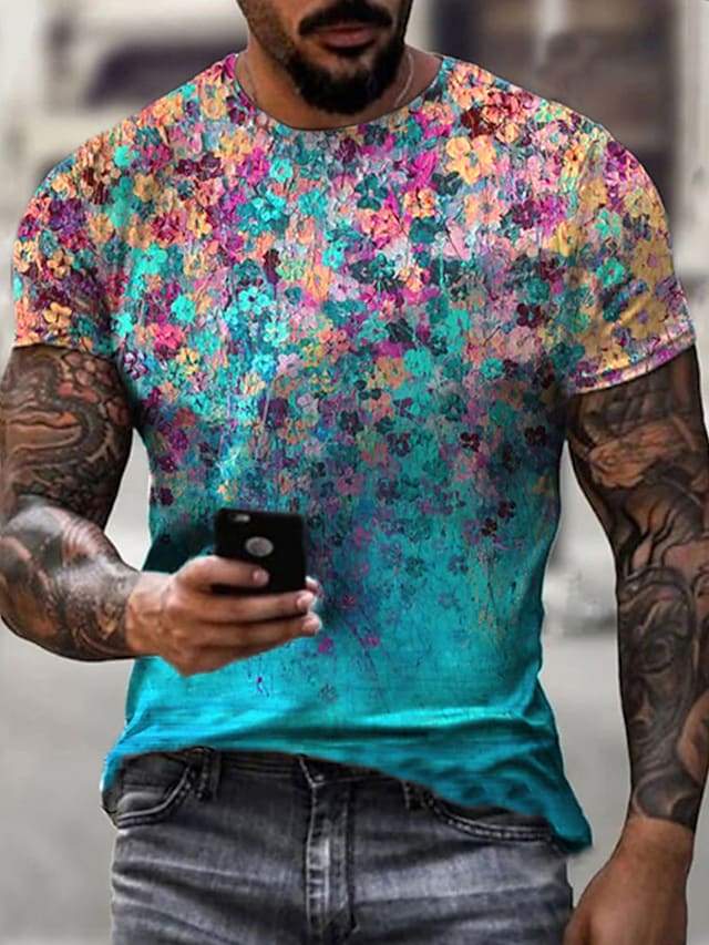 Men's Tee T shirt Shirt 3D Print Floral Graphic Plus Size Short Sleeve Casual Tops Basic Designer Slim Fit Big and Tall Blue Purple