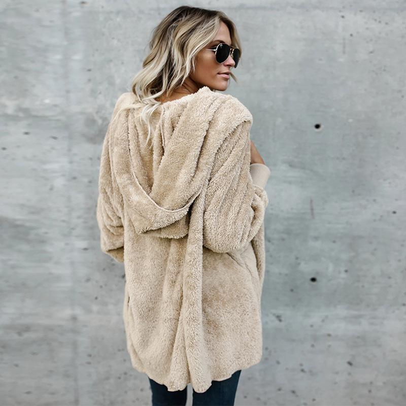 Loose hooded long-sleeved plush jacket women