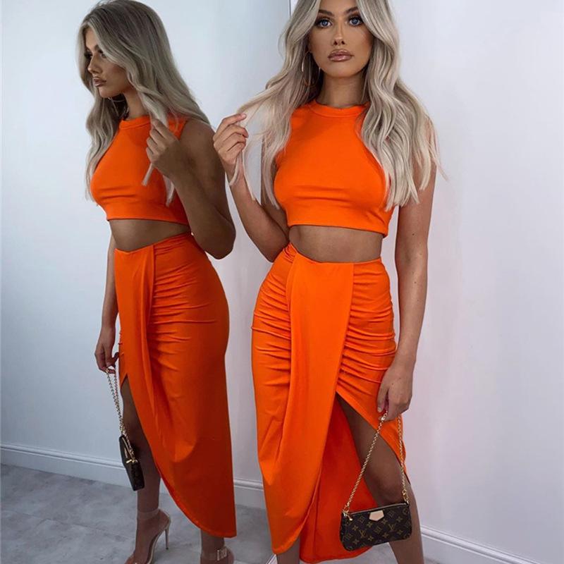 Two-piece solid color short top pleated split dress