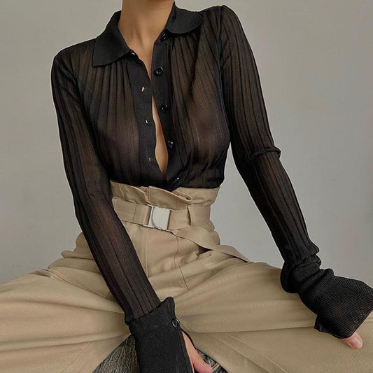 Sexy see-through breasted long-sleeved top