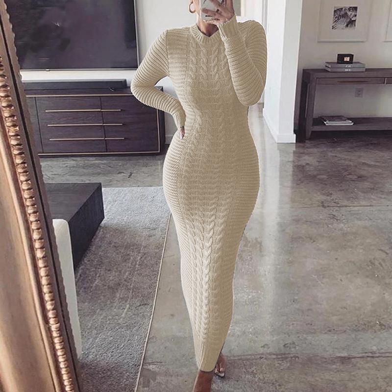 Solid-color long-sleeved sweater long-sleeved dress knit dress