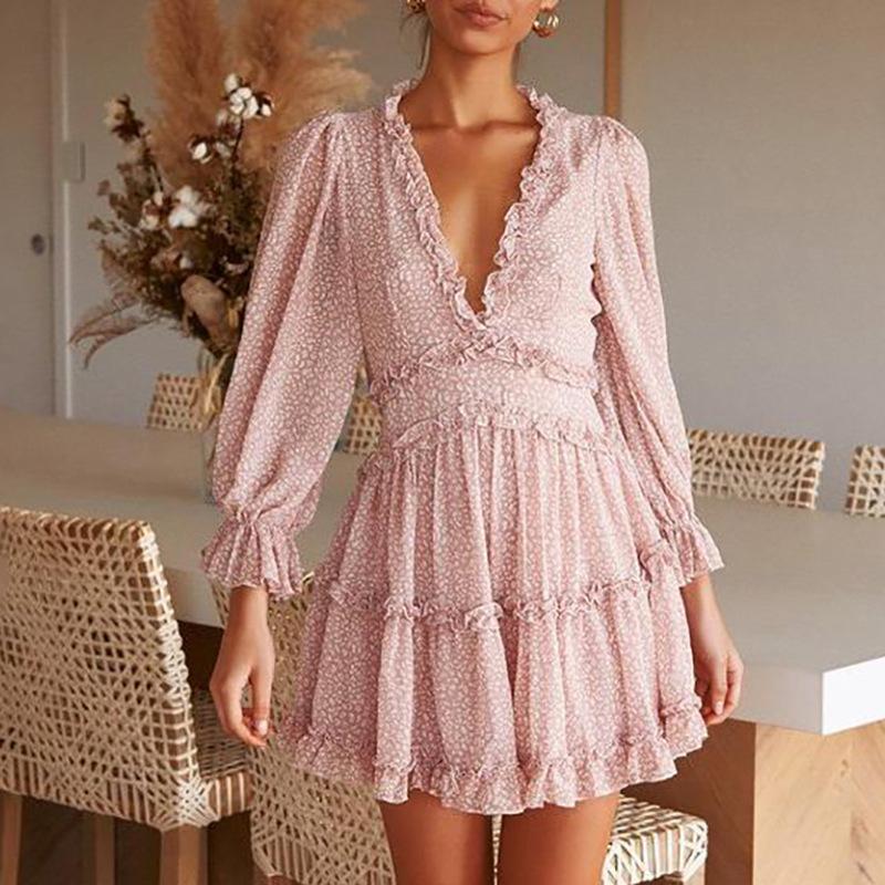 Ruffled V-neck Floral Lantern Sleeve Cake Dress