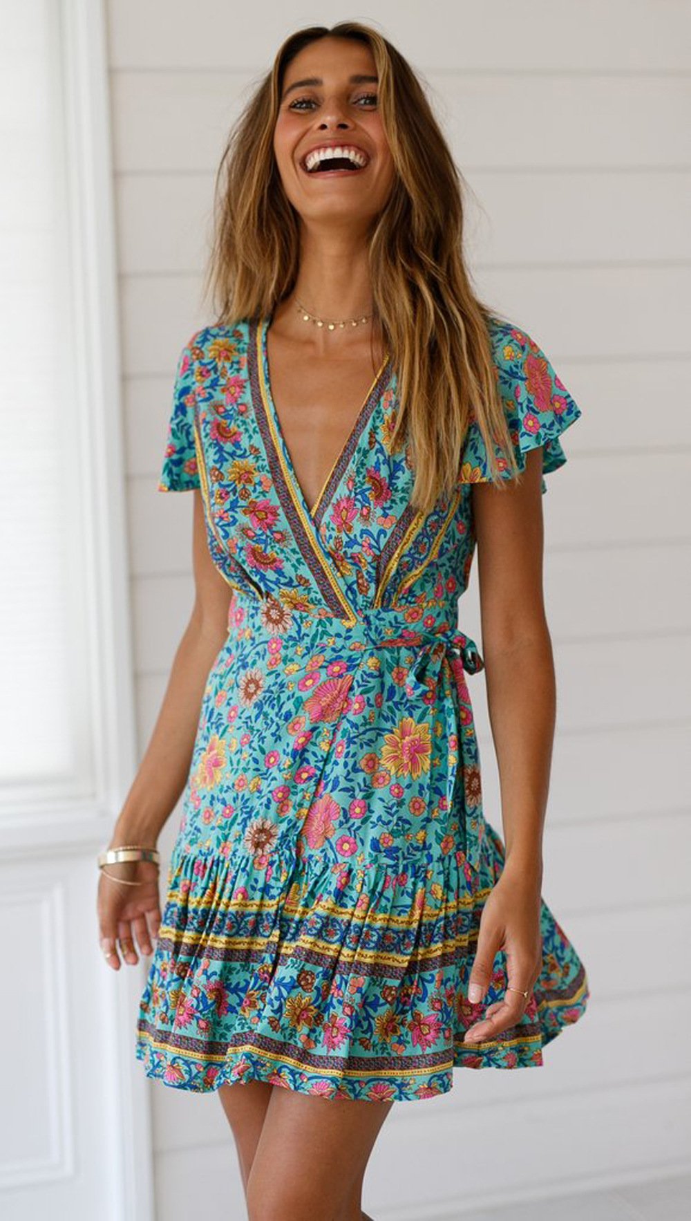 Short-sleeved V-neck pleated print dress