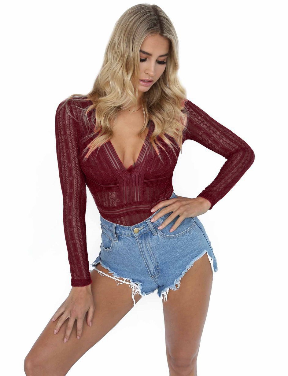 Solid color sexy lace bodysuit