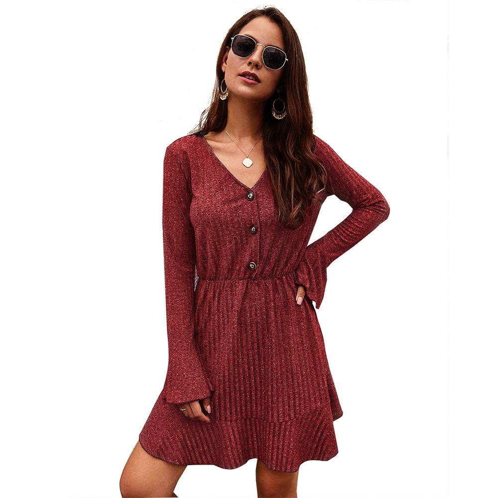 Solid color flared sleeve waist dress