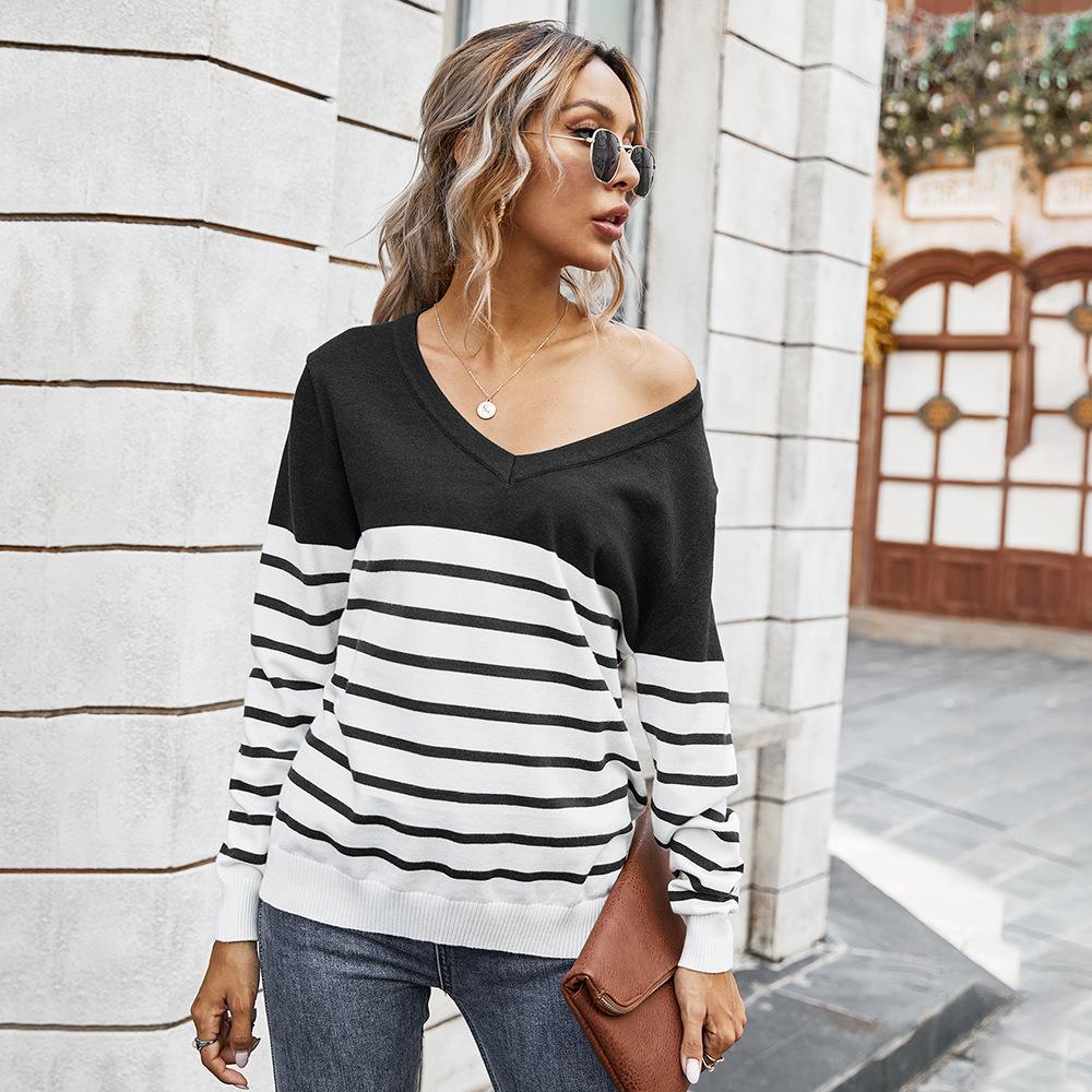 V-neck striped color block sweater