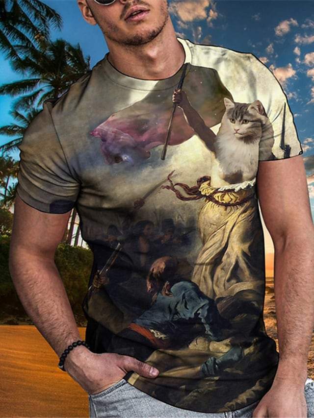 Men's Tee T shirt Shirt 3D Print Cat Graphic Plus Size Short Sleeve Casual Tops Basic Designer Slim Fit Big and Tall A B C / Summer