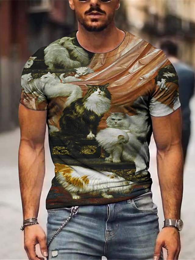 Men's Tee T shirt Shirt 3D Print Cat Graphic Plus Size Short Sleeve Casual Tops Basic Designer Slim Fit Big and Tall A B C / Summer