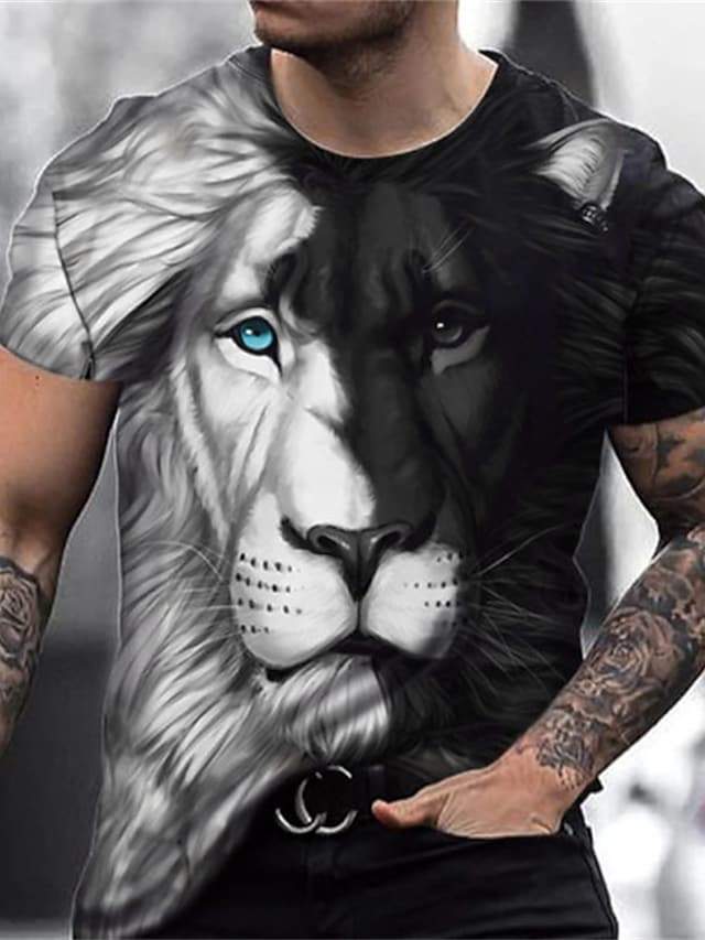 Men's Tee T shirt Shirt 3D Print Graphic Lion Plus Size Short Sleeve Casual Tops Basic Designer Slim Fit Big and Tall Black / White