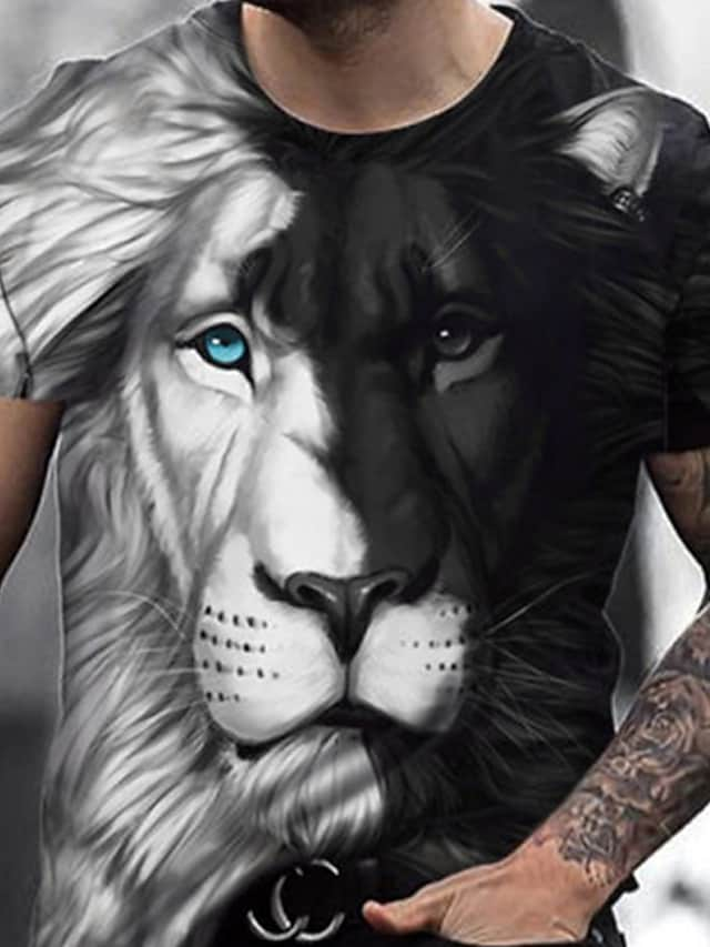 Men's Tee T shirt Shirt 3D Print Graphic Lion Plus Size Short Sleeve Casual Tops Basic Designer Slim Fit Big and Tall Black / White