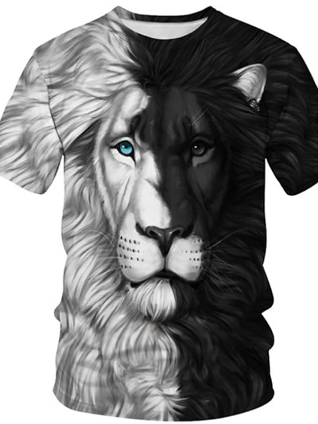 Men's Tee T shirt Shirt 3D Print Graphic Lion Plus Size Short Sleeve Casual Tops Basic Designer Slim Fit Big and Tall Black / White