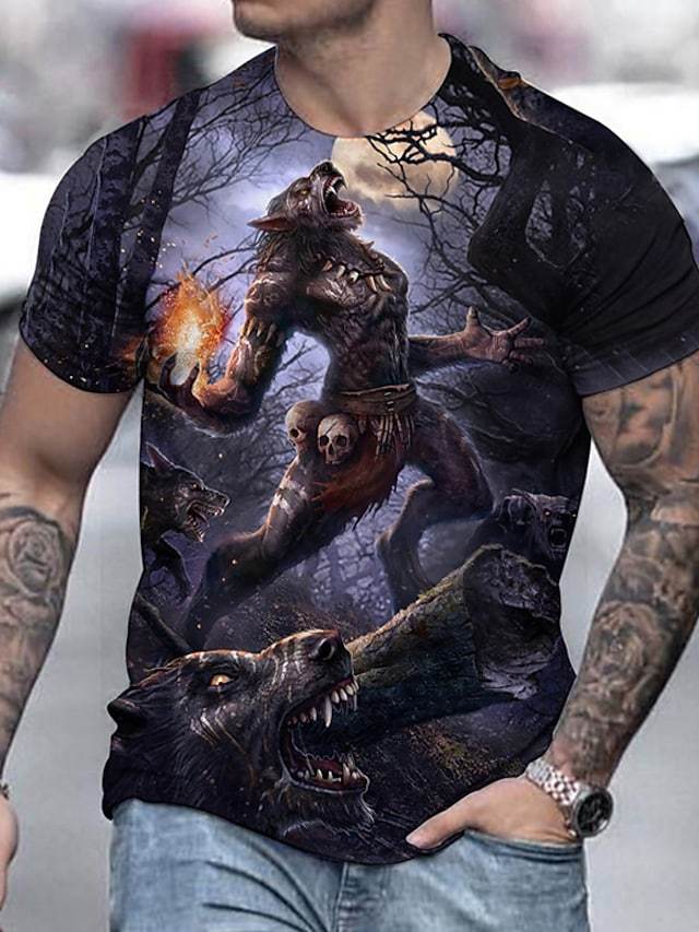 Men's Tee T shirt Shirt 3D Print Graphic Prints Wolf Print Short Sleeve Daily Tops Casual Designer Big and Tall Black