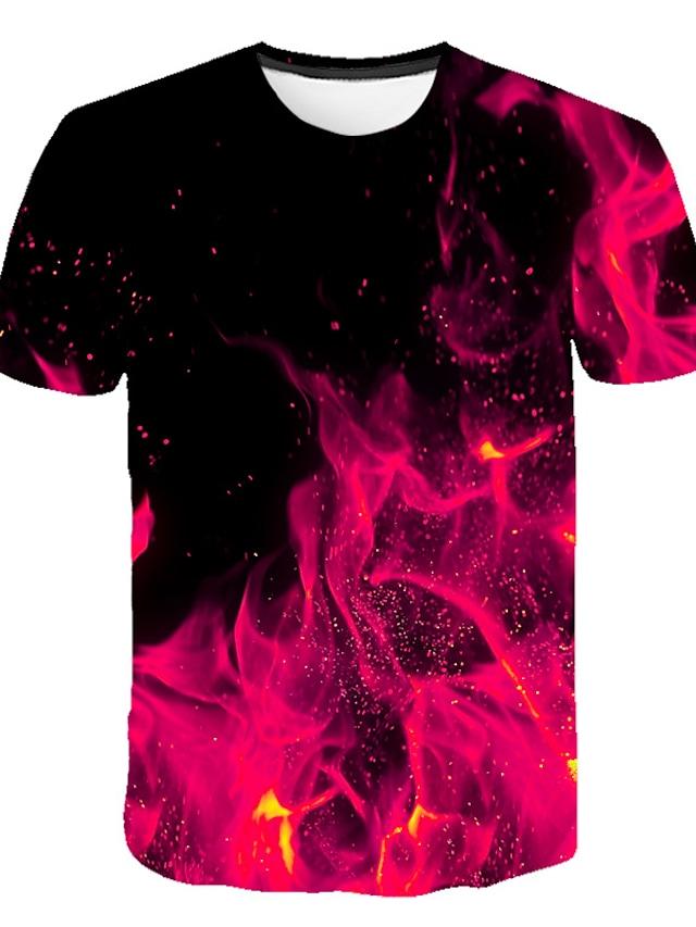 Men's T shirt Shirt Graphic Flame Print Short Sleeve Club Tops Streetwear Exaggerated Round Neck Blue Fuchsia Orange / Summer / Beach