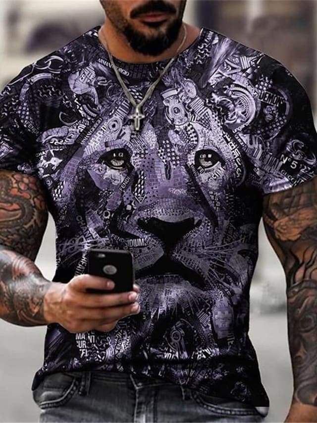 Men's Tee T shirt Shirt 3D Print Graphic Lion Plus Size Short Sleeve Casual Tops Basic Designer Slim Fit Big and Tall Purple Gold Green / Summer